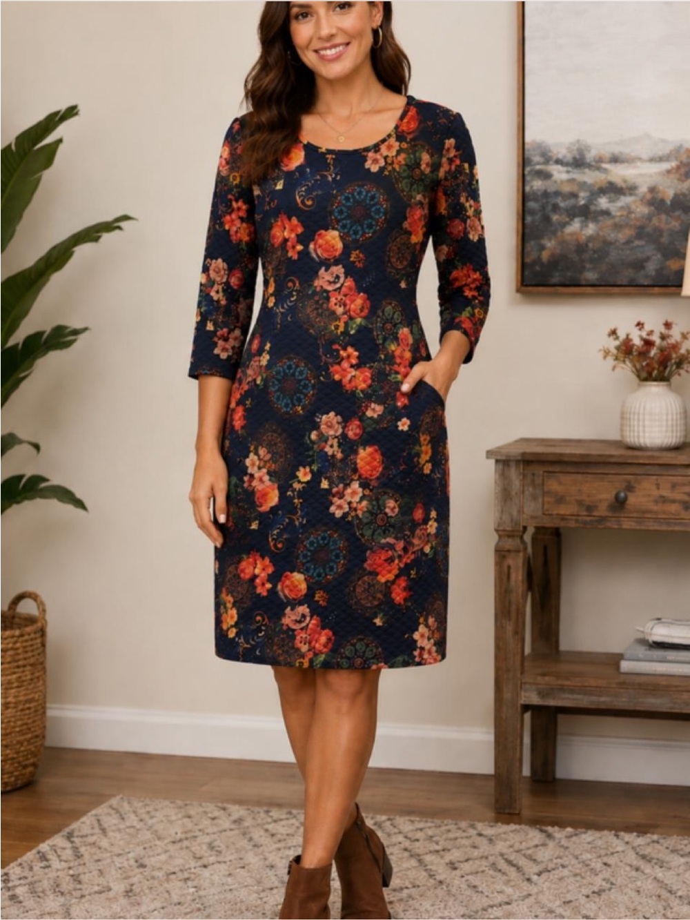 NorthStyle Navy Floral Scoop-Neck Midi Dress with Pockets